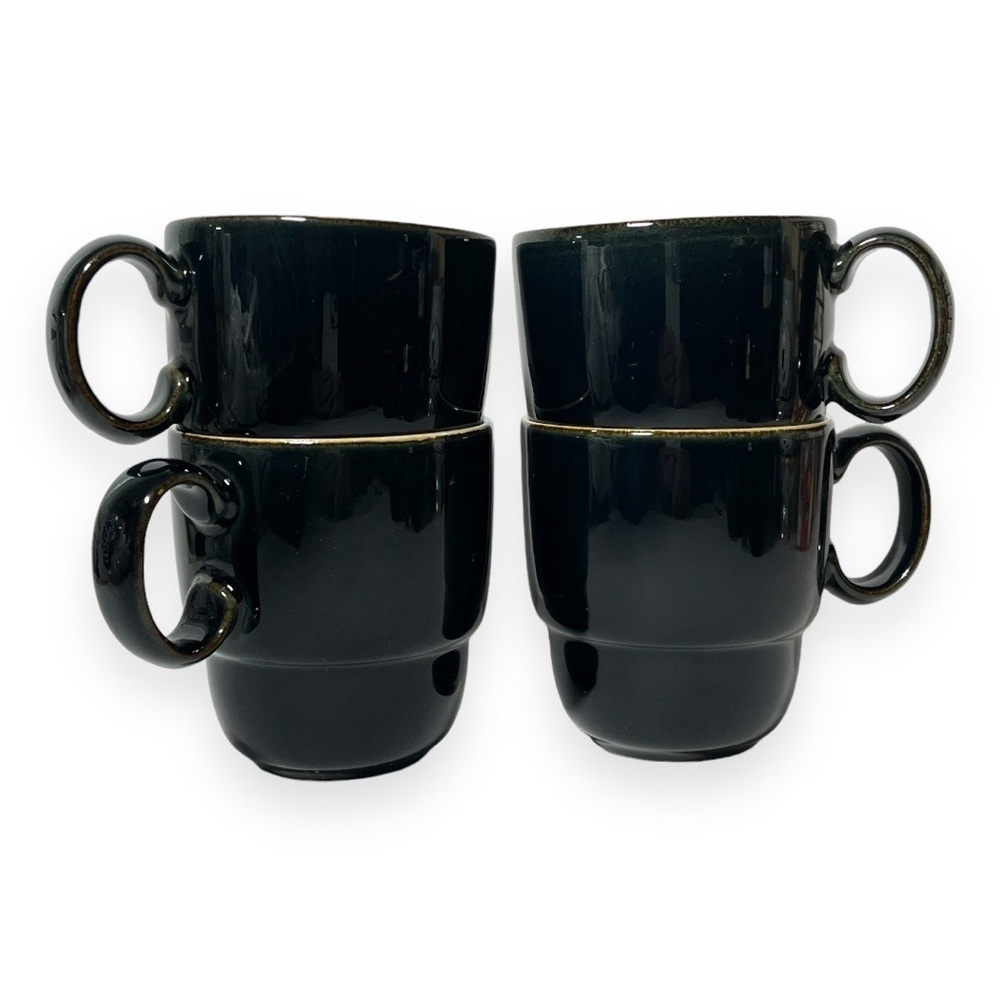 Denby Stackable Mug Mushroom Black Everyday Stoneware England 12 OZ Set of Four